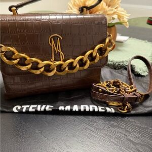 Steve Madden Croc-Embossed Brown Satchel with Gold Chain